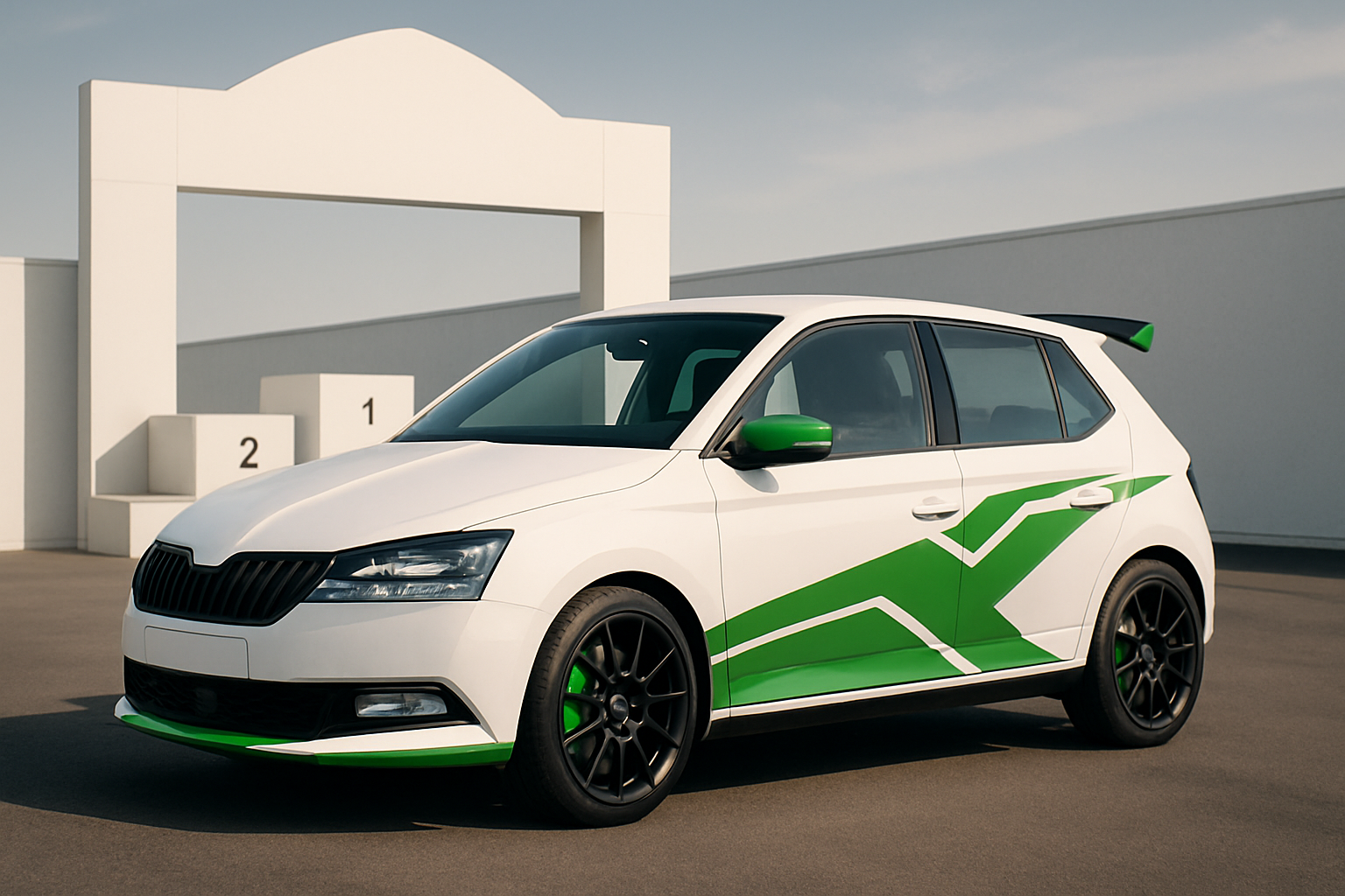 White hatchback with bold green stripes and black wheels parked on smooth tarmac beside modern white podium blocks