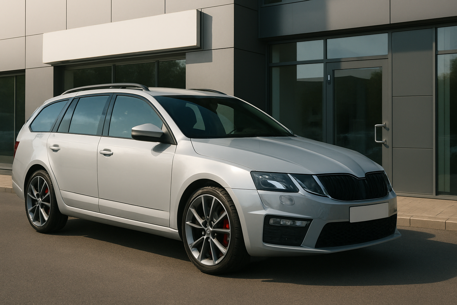 A sleek silver estate car with dark alloy wheels parked outside a modern grey building in soft daylight