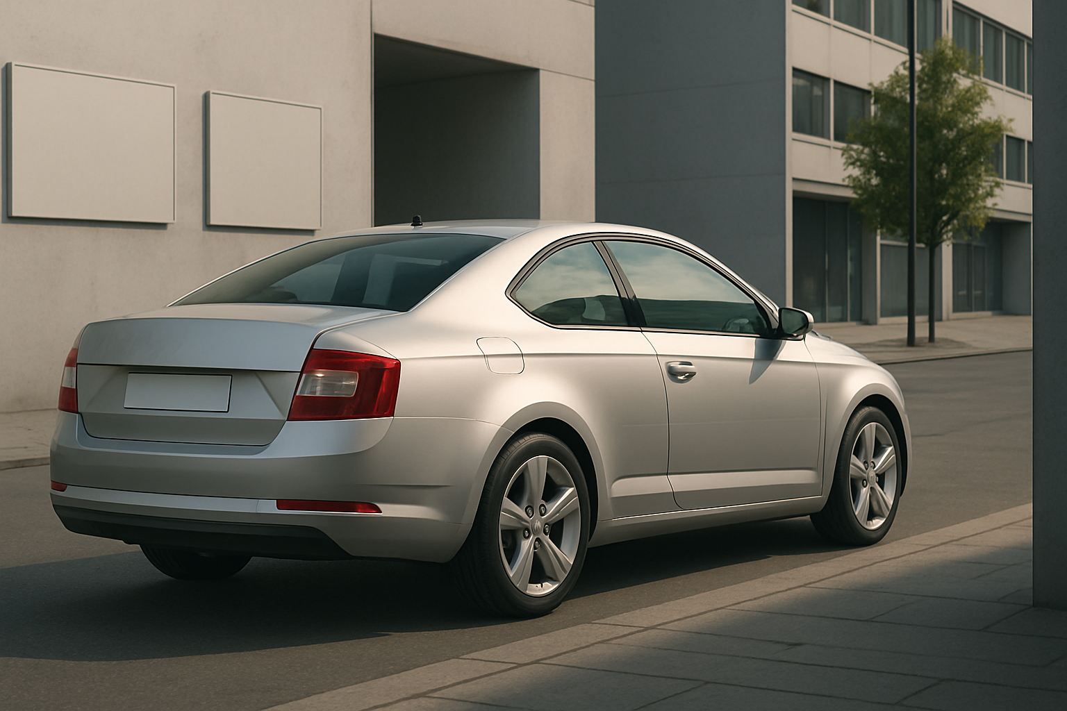 Sleek silver coupe with tinted windows parked on a modern city street beside minimalist grey buildings in soft daylight