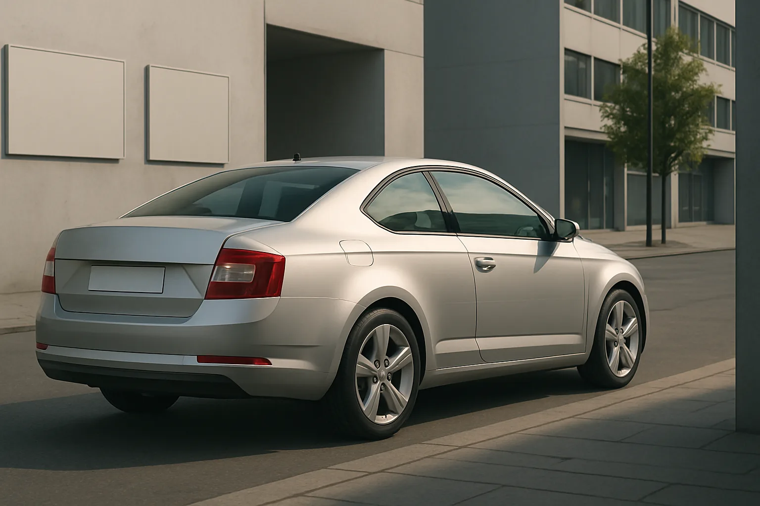 Sleek silver coupe with tinted windows parked on a modern city street beside minimalist grey buildings in soft daylight