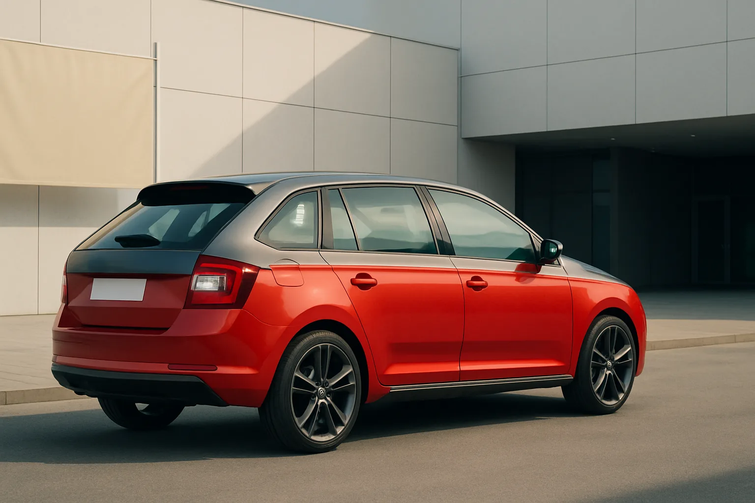 A red hatchback car with a black roof and dark alloy wheels parked on a sunlit street beside modern white buildings