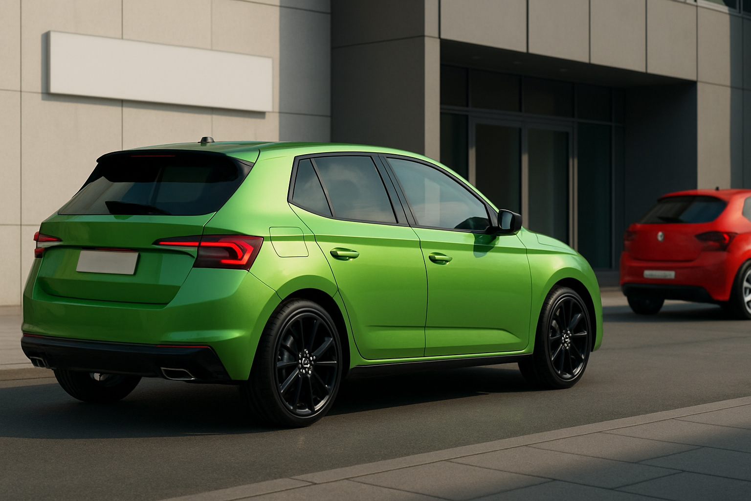 A bright green hatchback with black wheels parked by a modern building, another red hatchback in the background