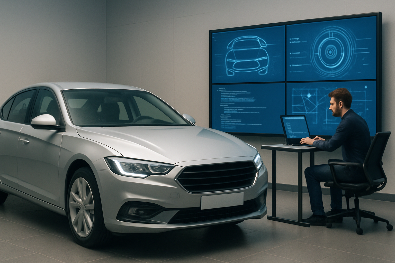 A silver car parked indoors near a man working on a laptop, with blue digital schematics displayed on wall screens