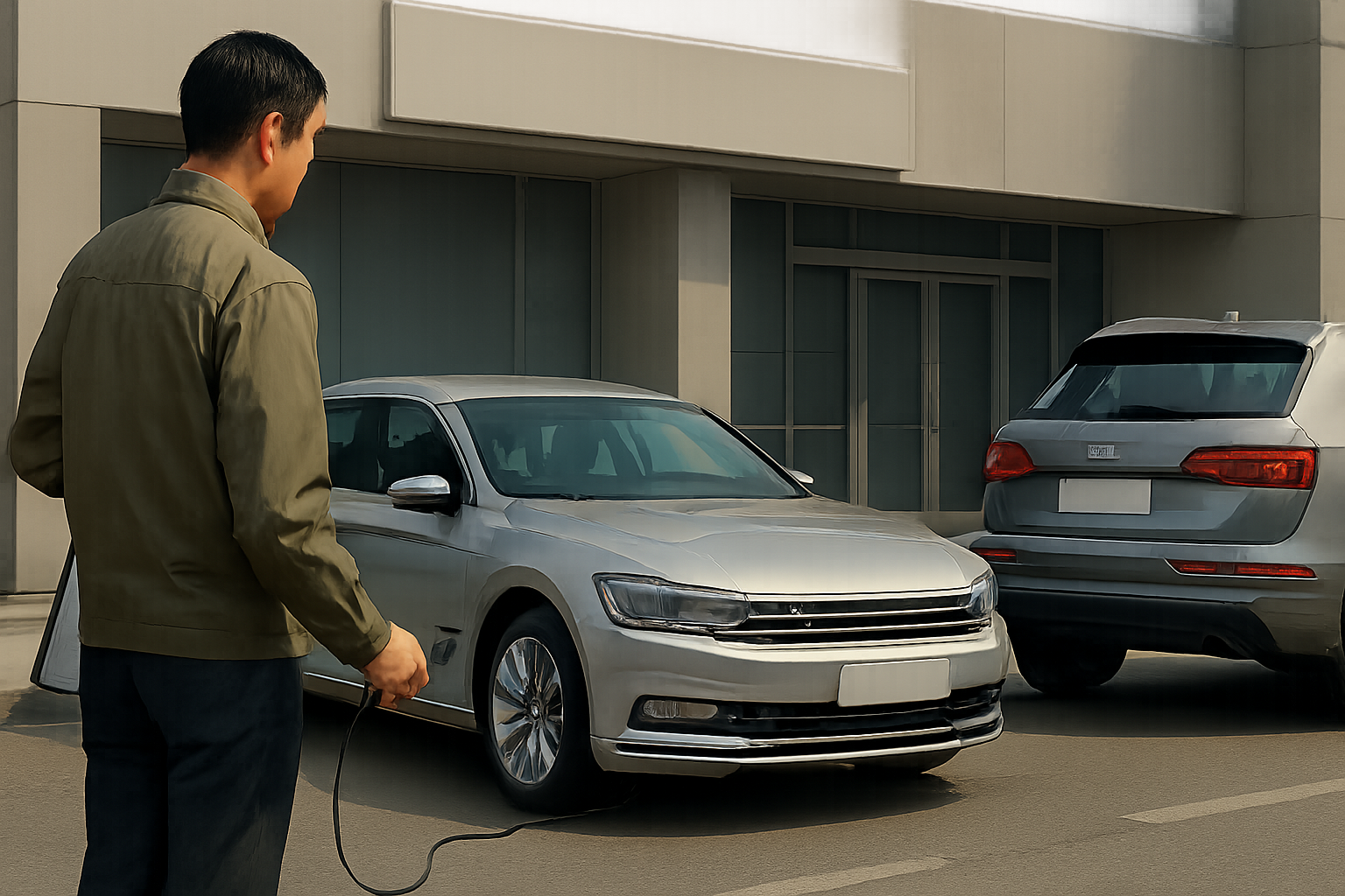 A man in an olive jacket holds a cable beside two silver cars parked in front of a modern building