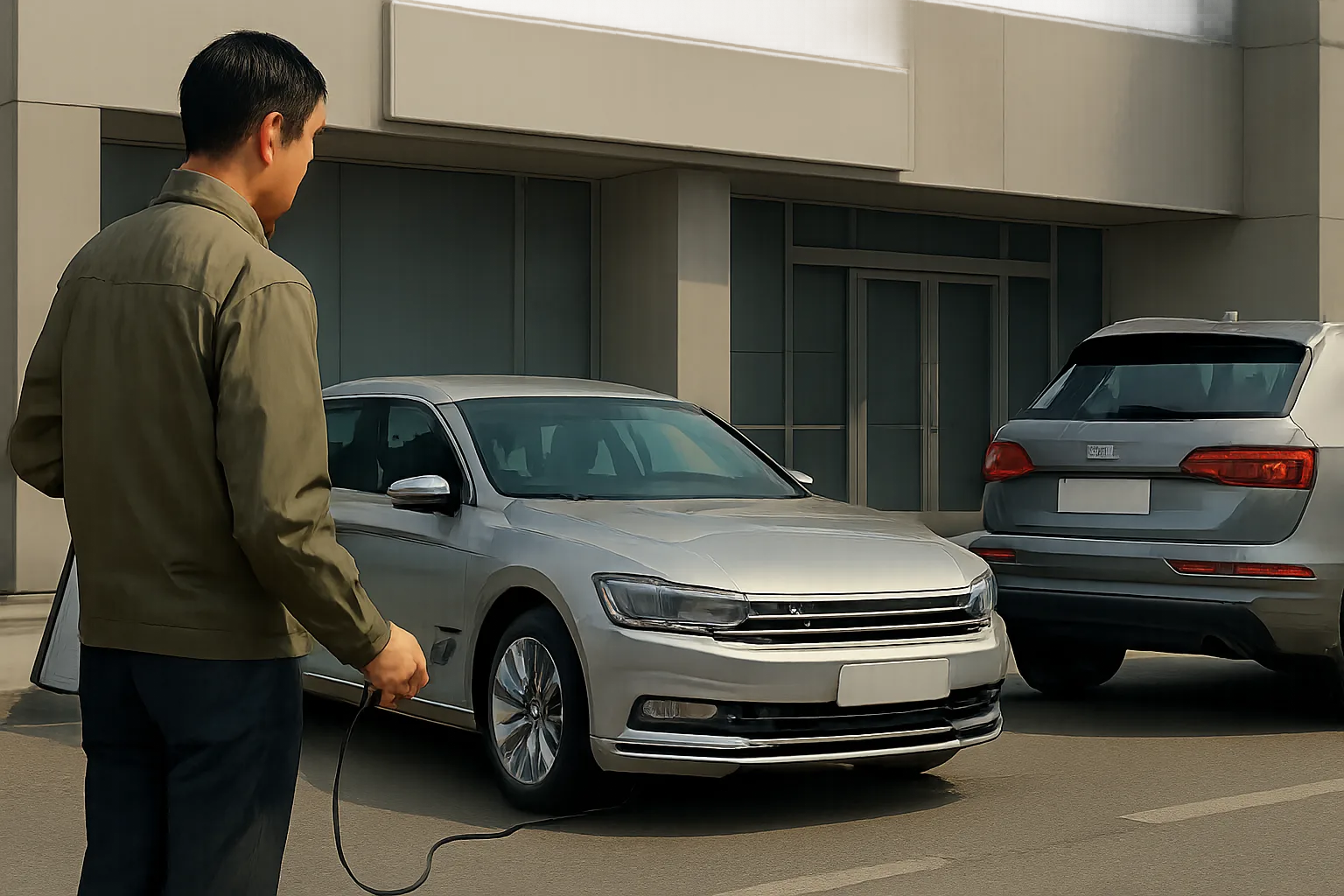 A man in an olive jacket holds a cable beside two silver cars parked in front of a modern building