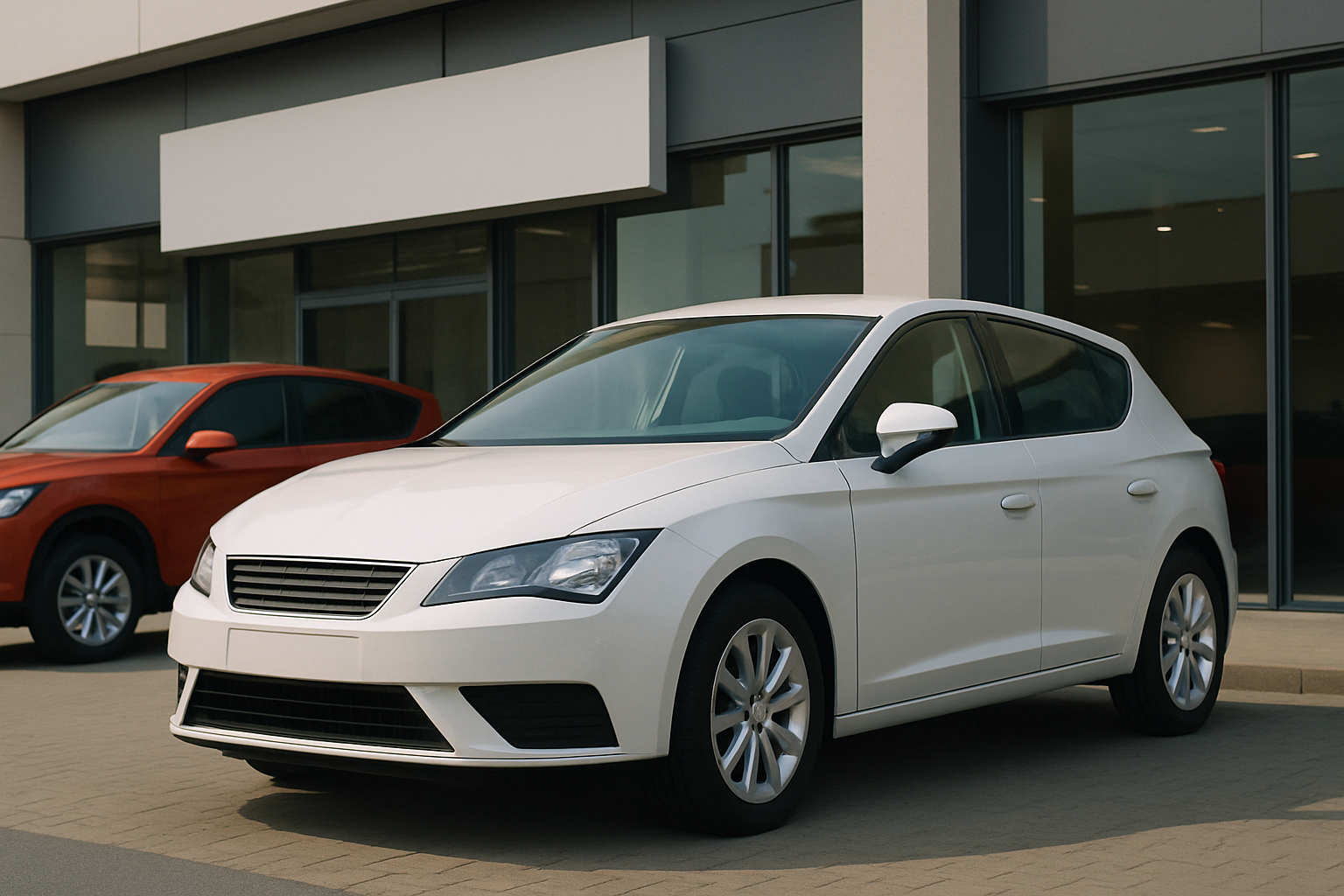 A white hatchback with silver wheels parked on paving stones in front of a modern building, with a red car in the background