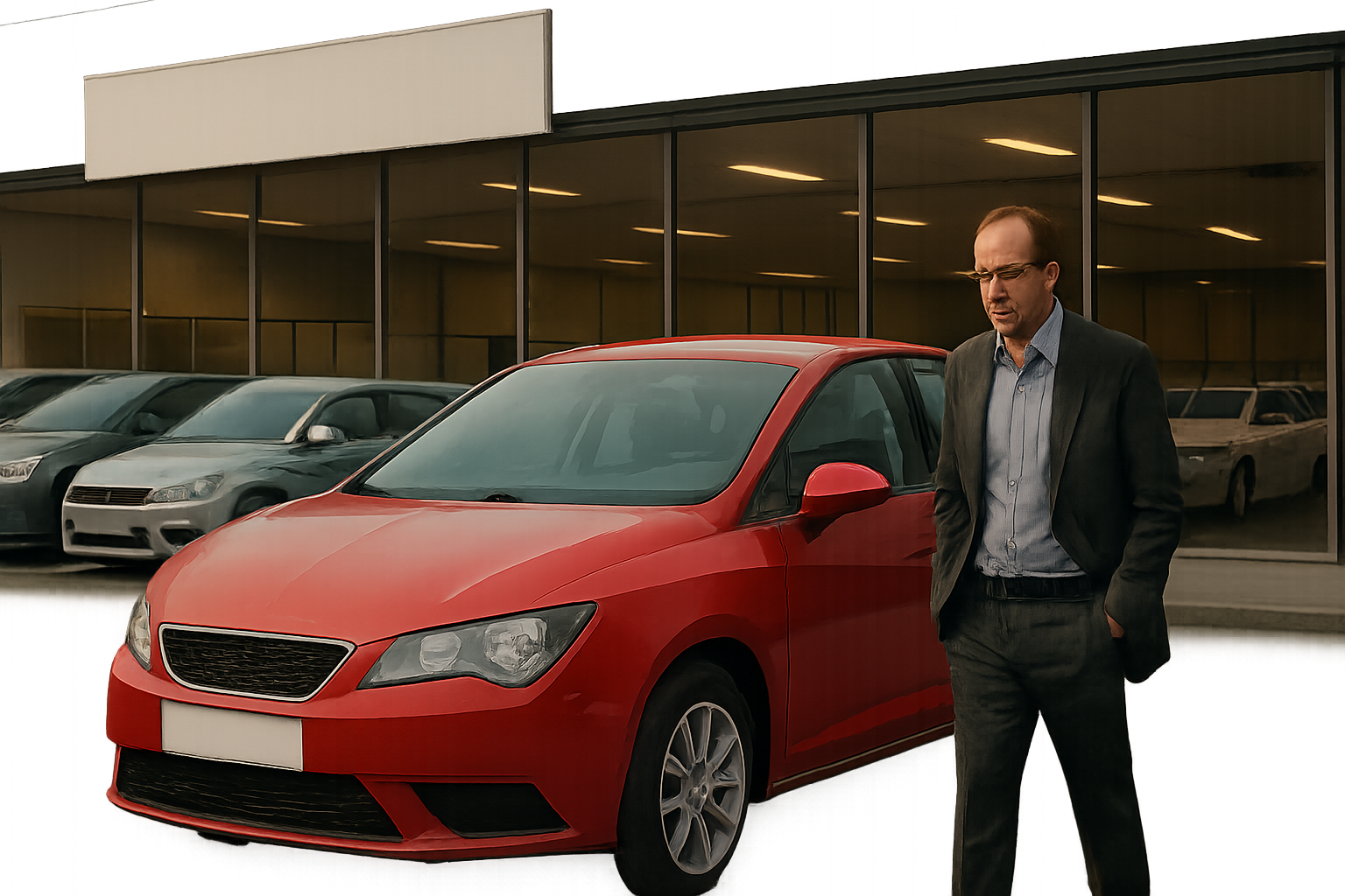 A man in a suit stands beside a red car in front of a row of parked cars and a glass-fronted dealership