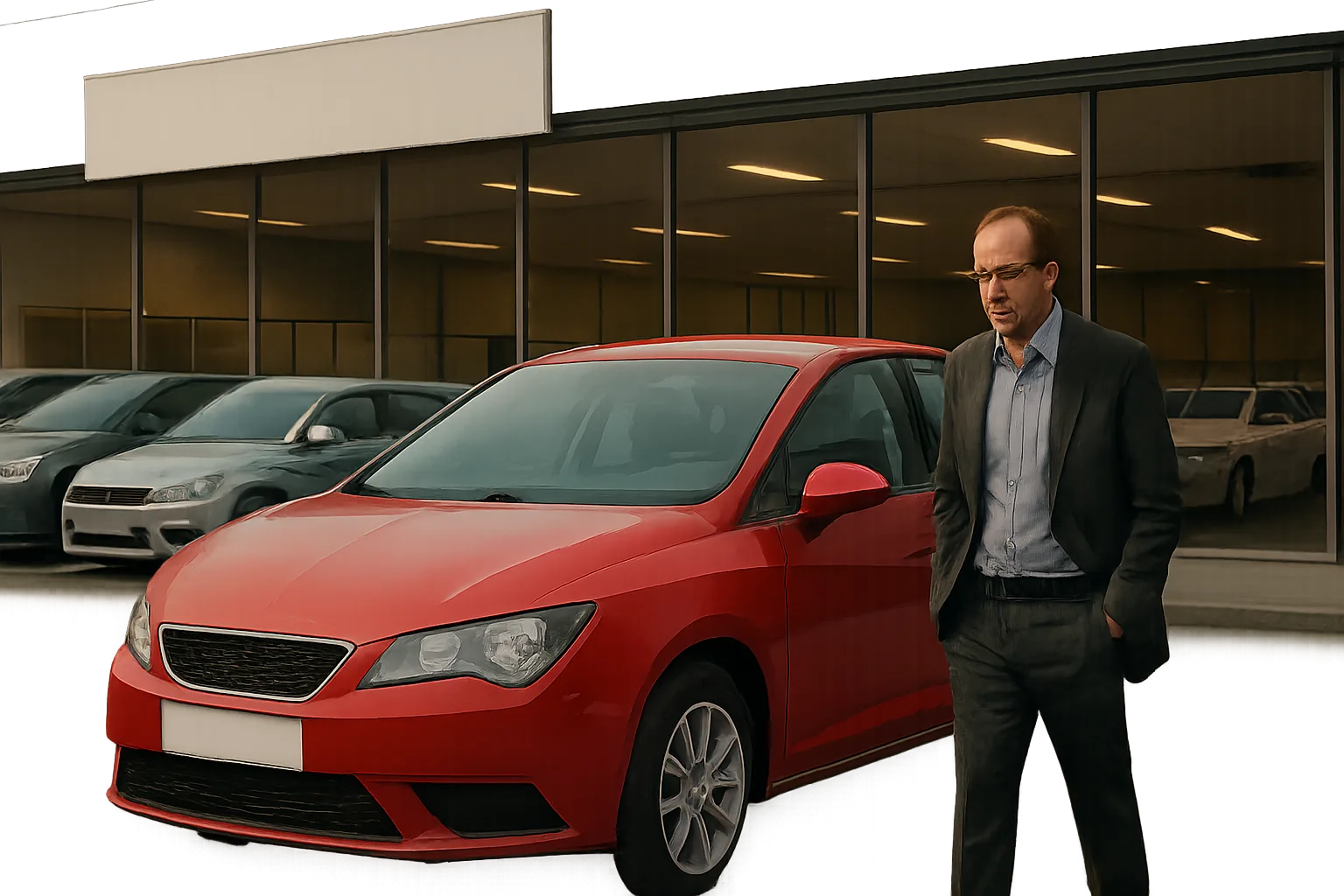A man in a suit stands beside a red car in front of a row of parked cars and a glass-fronted dealership