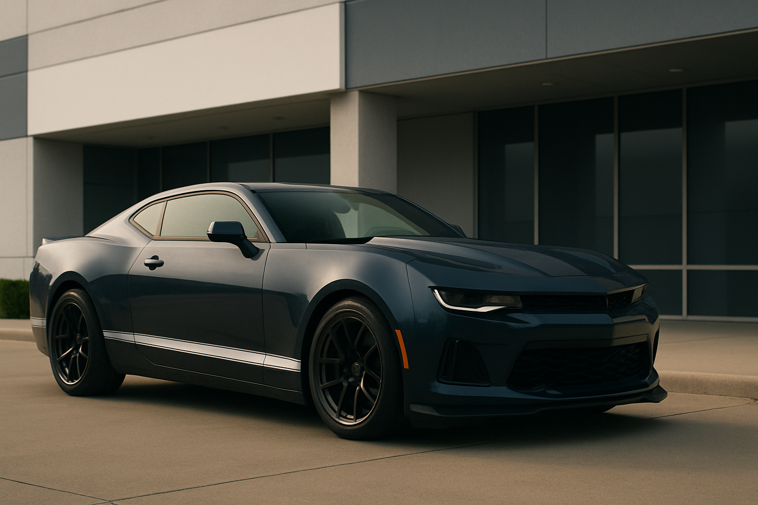 Dark blue sports coupe with tinted windows and black wheels parked on a light concrete surface beside a modern building