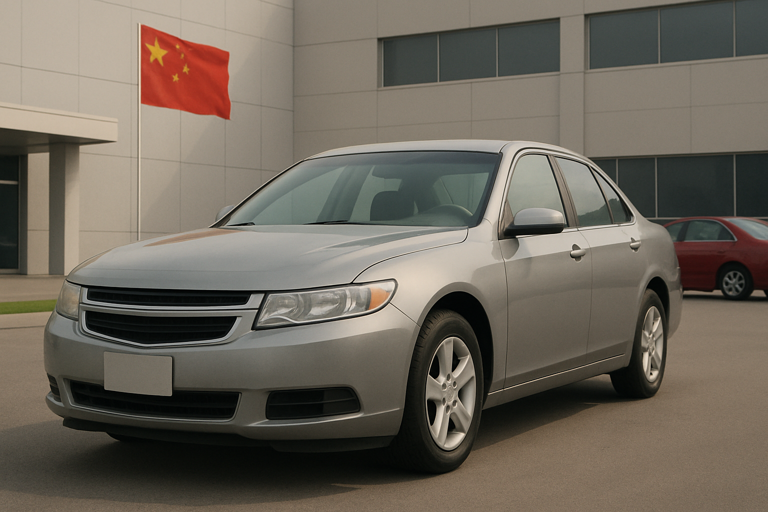 A silver sedan parked on a smooth driveway outside a modern building with large windows and a prominent red Chinese flag