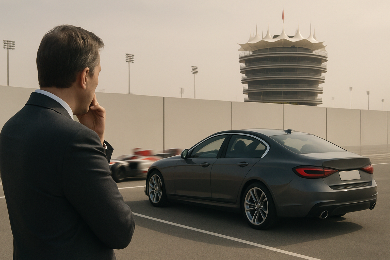 A man in a suit stands beside a parked grey sedan on a track near a modern round building under hazy daylight
