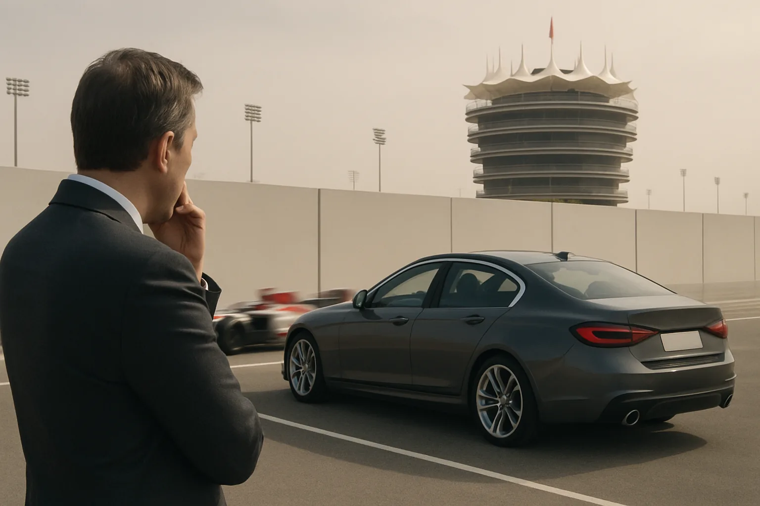 A man in a suit stands beside a parked grey sedan on a track near a modern round building under hazy daylight