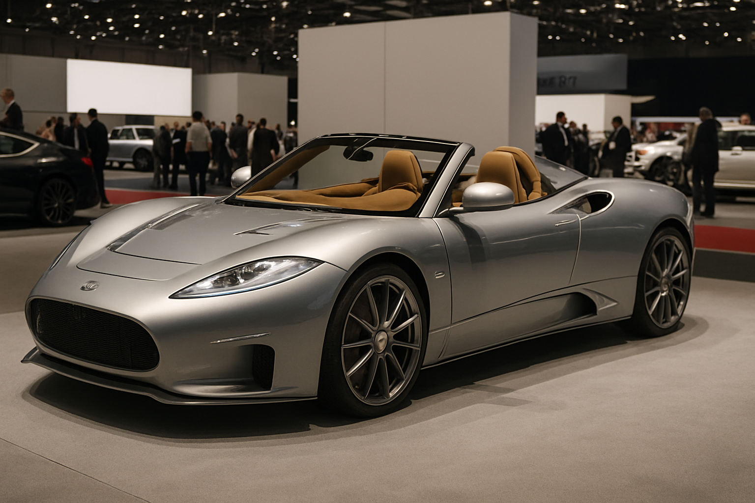 Sleek silver convertible with tan leather interior displayed under bright showroom lights on a carpeted platform