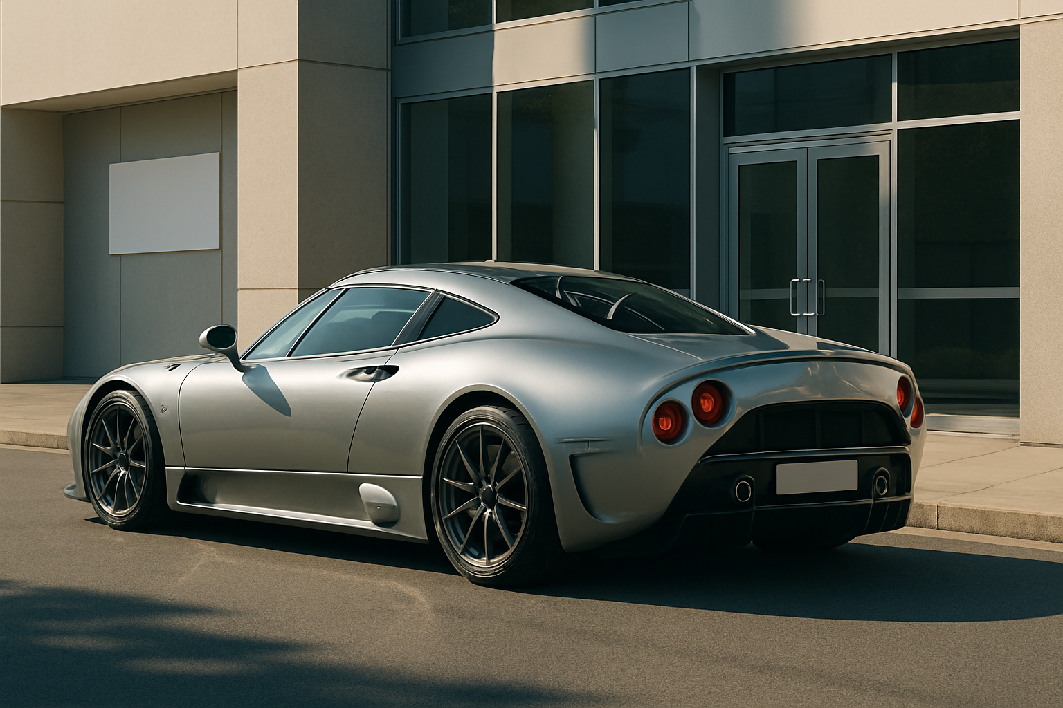 A sleek silver sports coupe with dark alloy wheels parked on sunlit pavement in front of a modern glass building