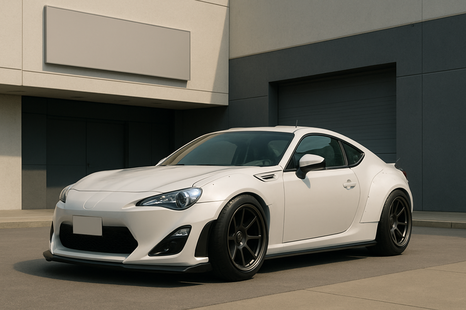 Sleek white sports coupe with flared fenders and dark alloy wheels parked in front of a modern grey building