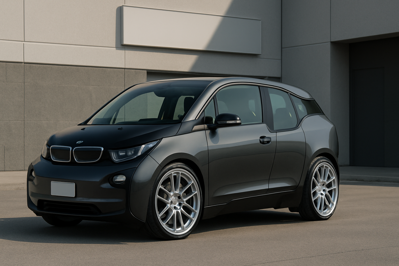 Dark grey compact hatchback with large silver multi-spoke wheels parked on smooth concrete outside a modern building