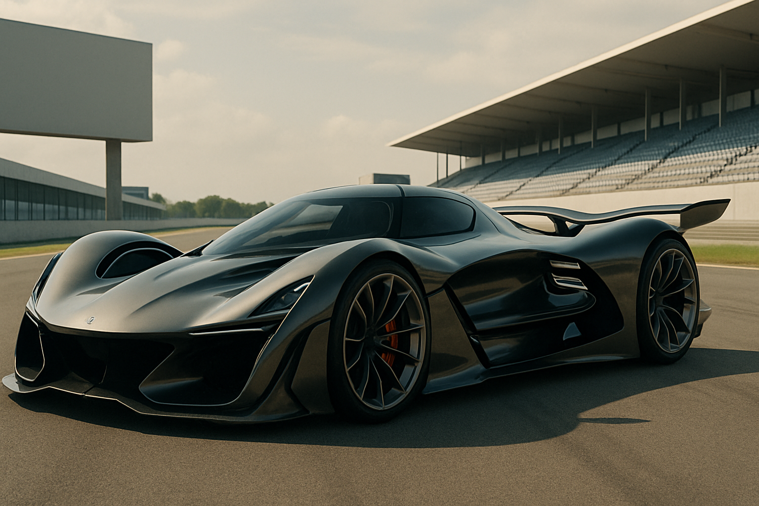Futuristic black concept car with flowing aerodynamic shapes and red brake calipers parked on an empty race circuit