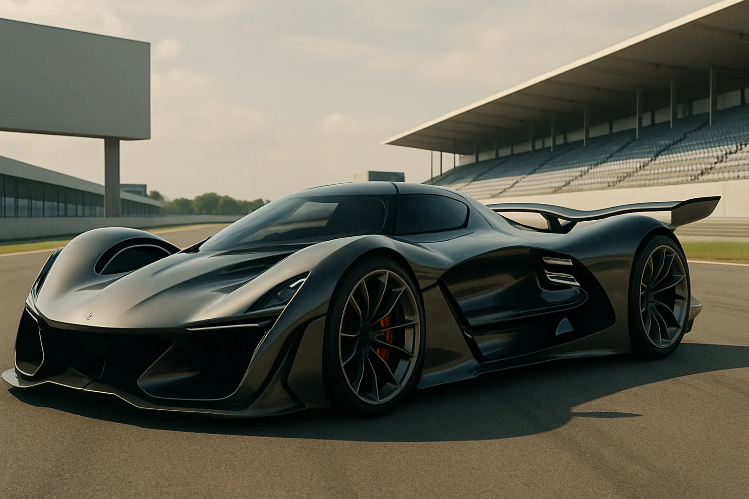Futuristic black concept car with flowing aerodynamic shapes and red brake calipers parked on an empty race circuit