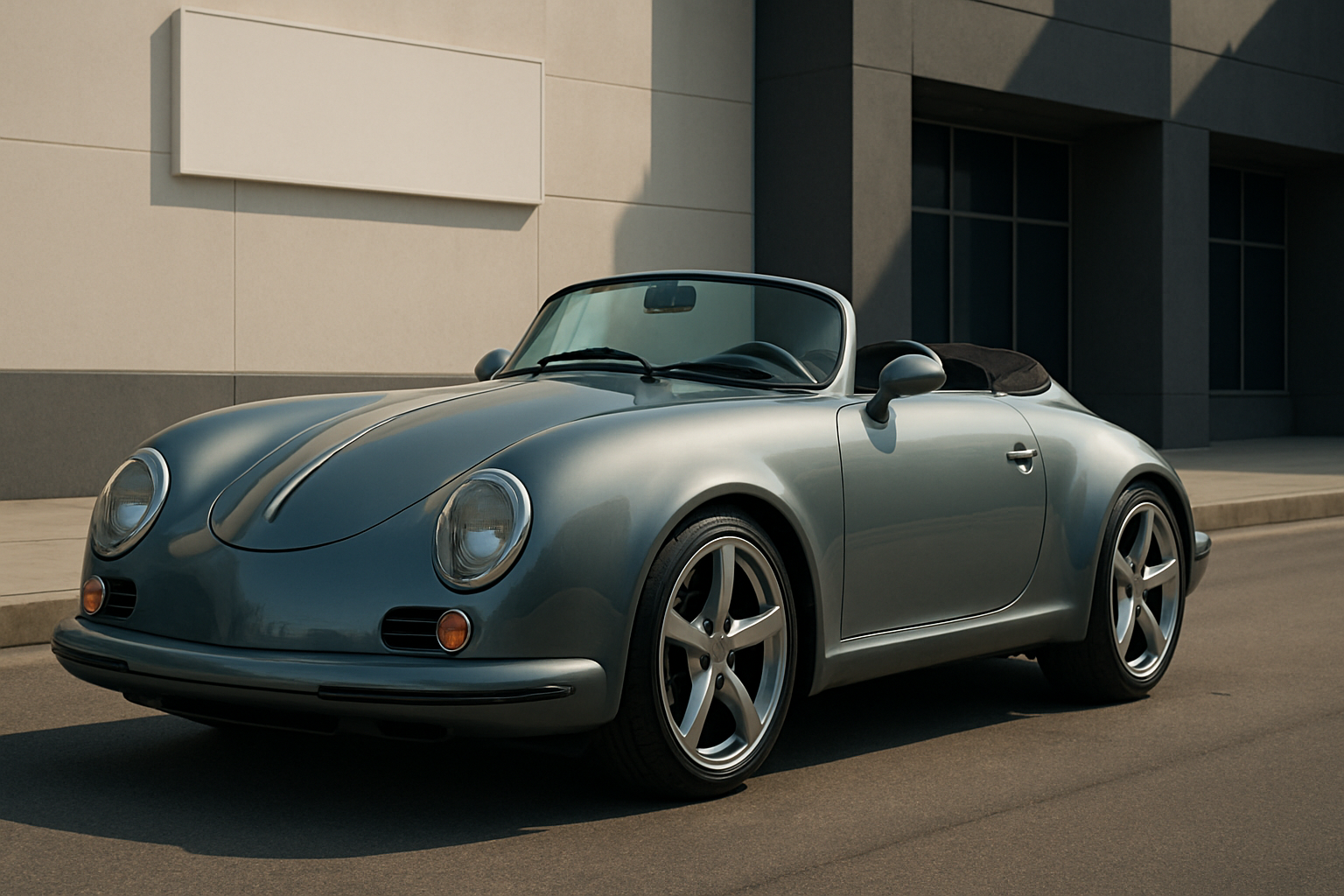 Matte silver-blue convertible with smooth, rounded lines and large silver wheels parked in sunlight beside a modern building
