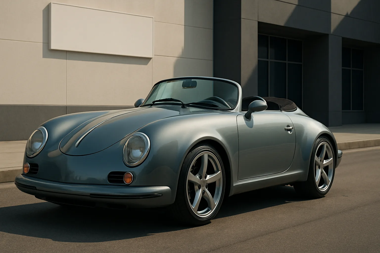 Matte silver-blue convertible with smooth, rounded lines and large silver wheels parked in sunlight beside a modern building