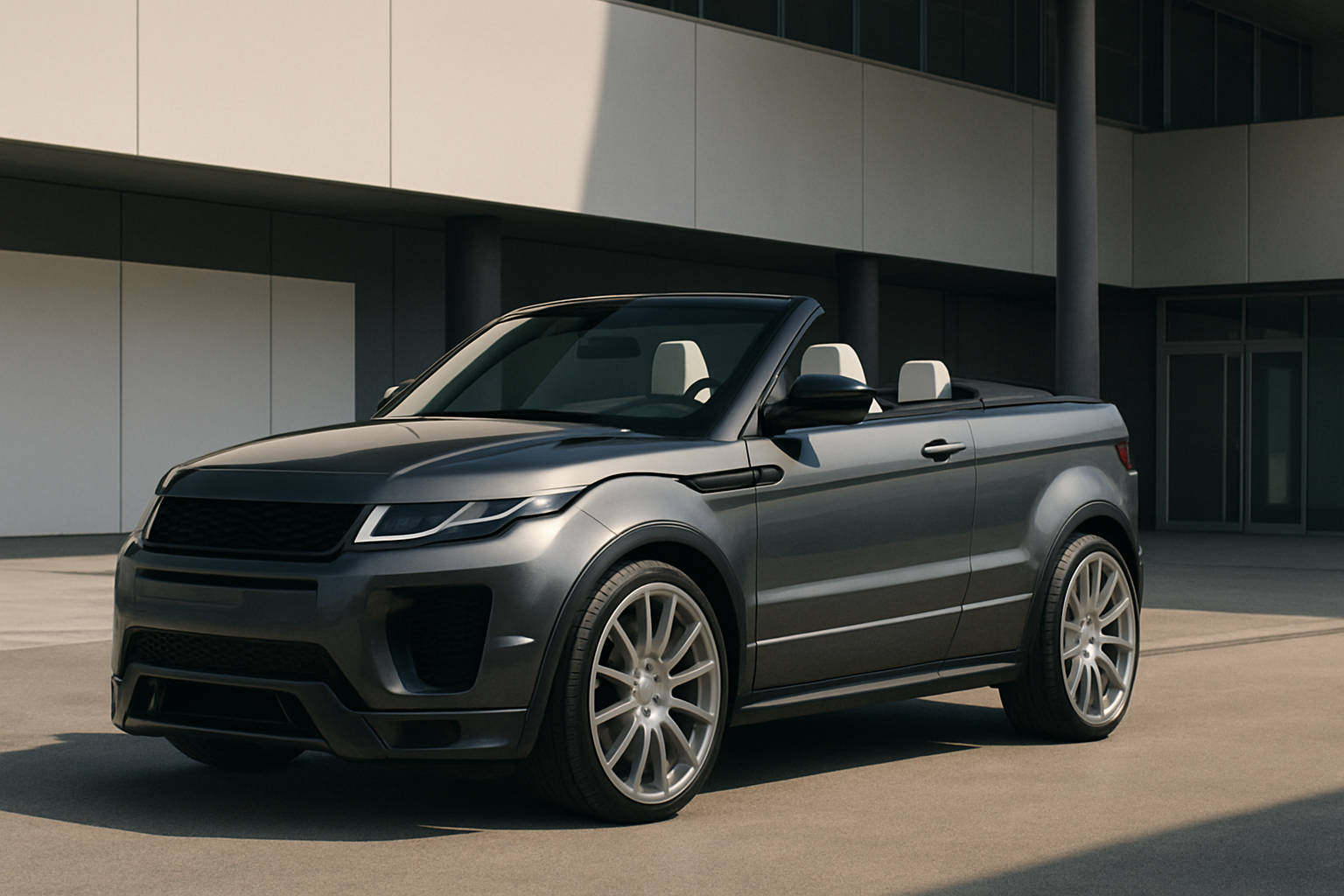 Matte grey convertible car with large silver wheels, white interior and angular bodywork parked in sunlight by a modern building