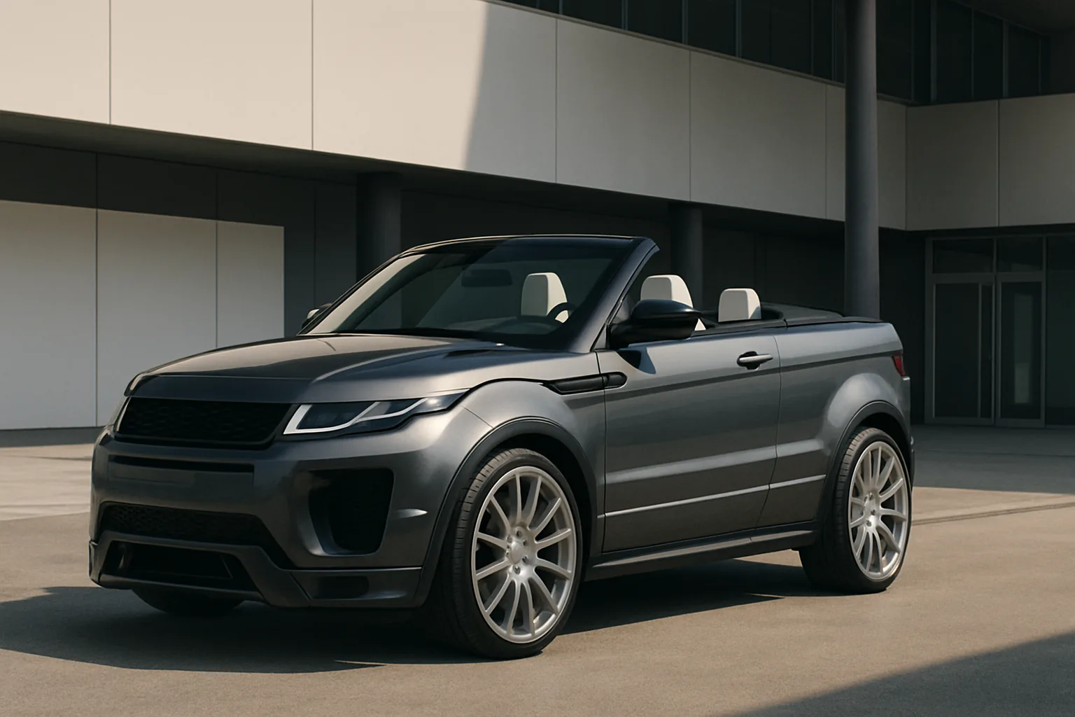 Matte grey convertible car with large silver wheels, white interior and angular bodywork parked in sunlight by a modern building