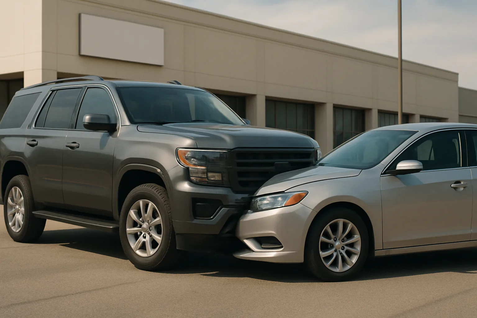 A large dark grey SUV and a smaller silver sedan collide at a slight angle in front of a beige building under daylight