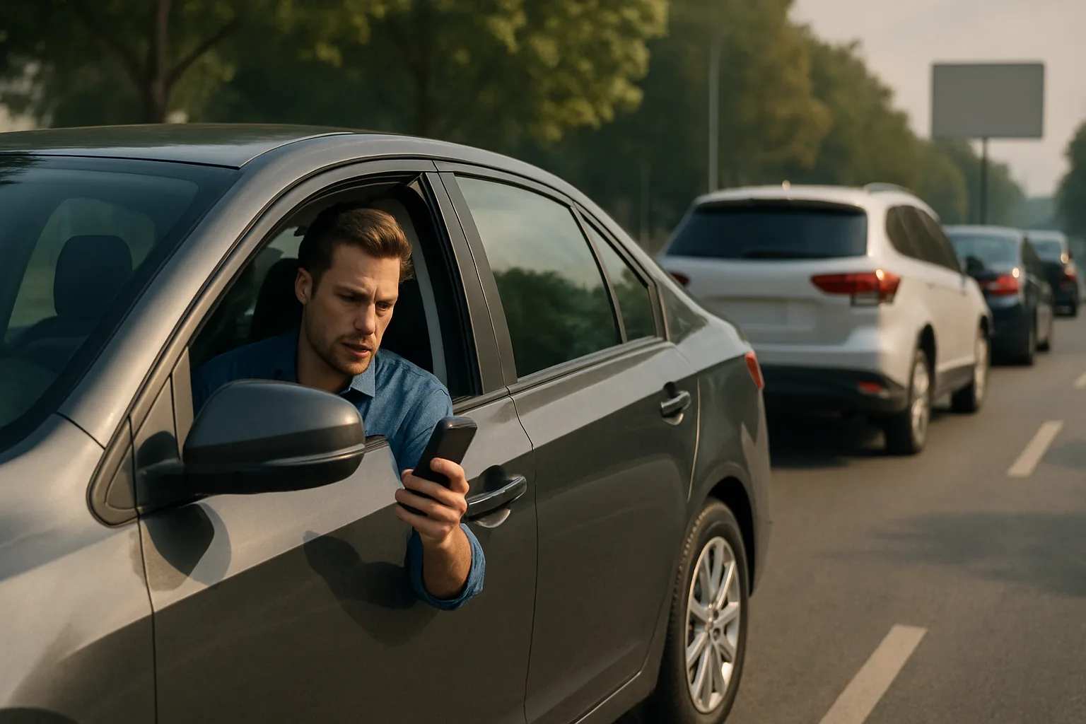 Man in blue shirt behind the wheel holding a phone, surrounded by cars on a tree-lined road in soft daylight