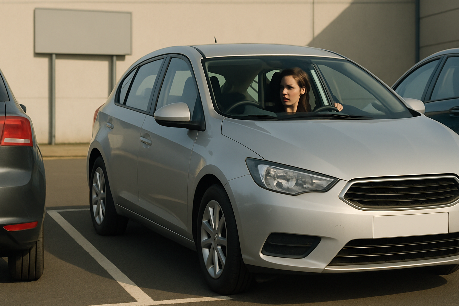A silver car reversing into a parking space between two vehicles in a sunlit outdoor car park, with a woman driving