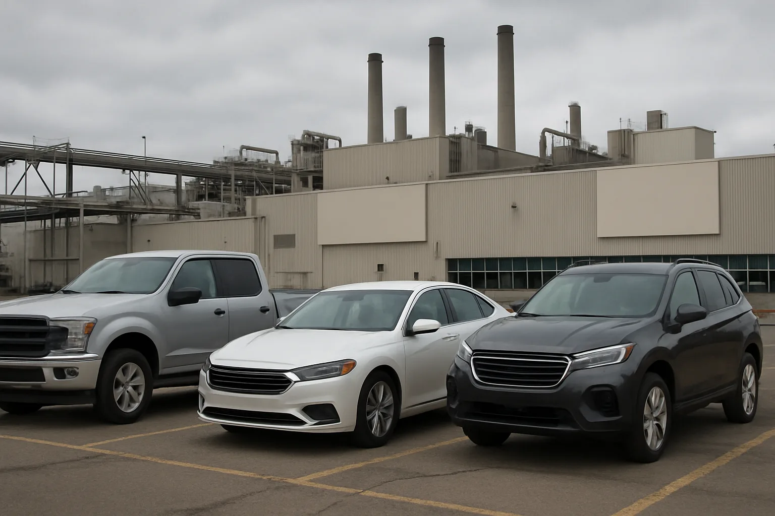Three generic cars in silver, white and dark gray are parked in front of a large, windowless factory on a cloudy day