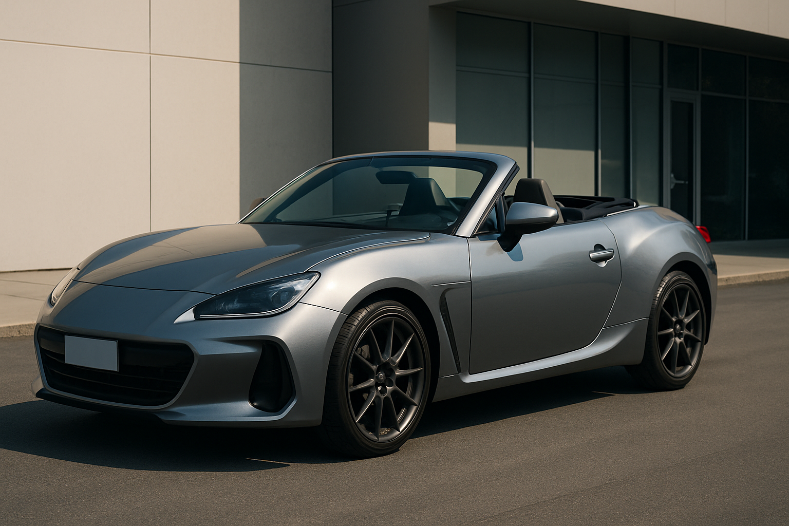 A sleek silver convertible sports car with black wheels parked on a sunlit street beside a modern building