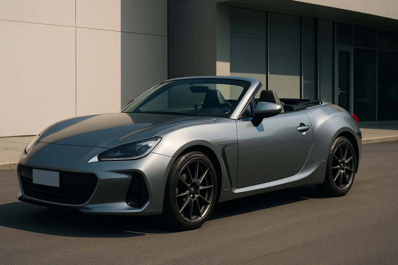 A sleek silver convertible sports car with black wheels parked on a sunlit street beside a modern building
