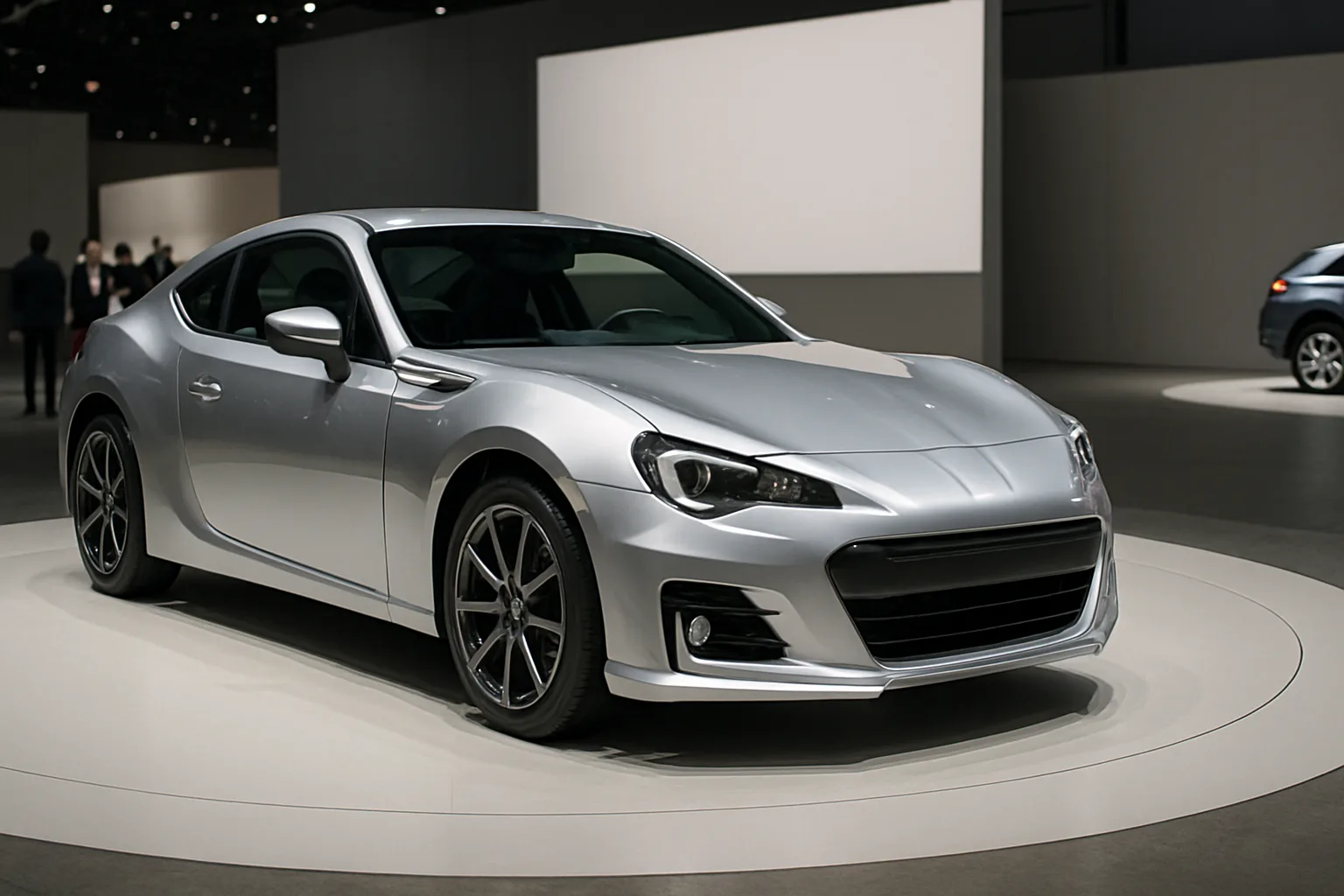 A sleek silver coupe with black accents and alloy wheels displayed on a circular platform under soft indoor lighting