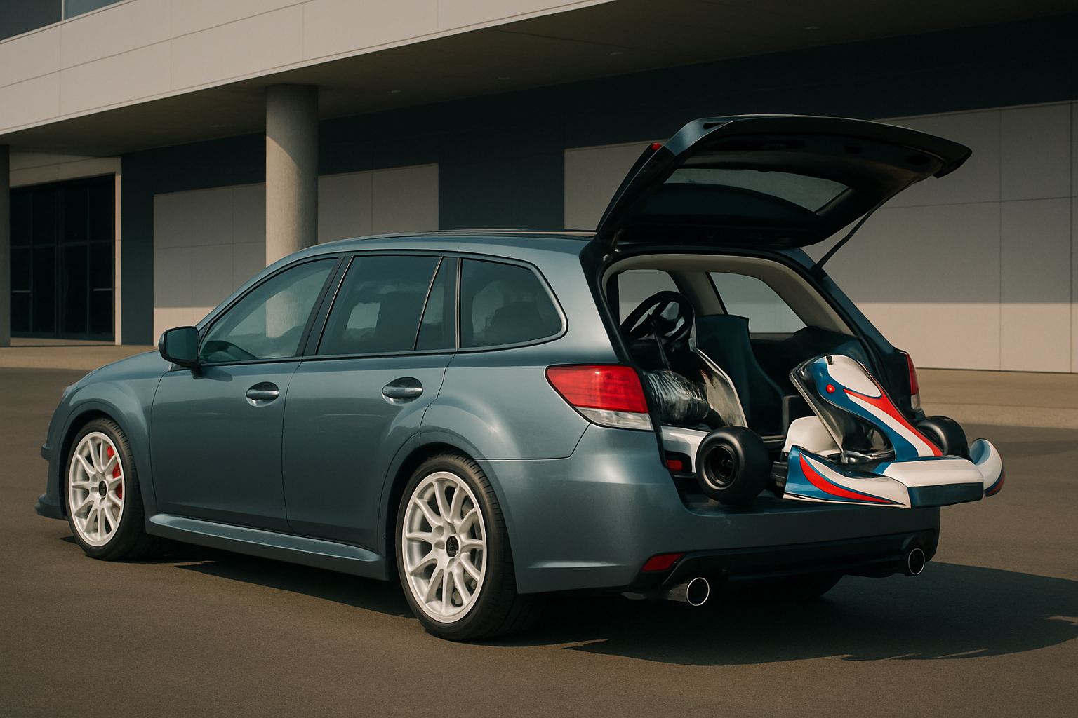 A metallic blue-grey estate car with white wheels, rear hatch open to reveal a go-kart inside, parked by a modern building