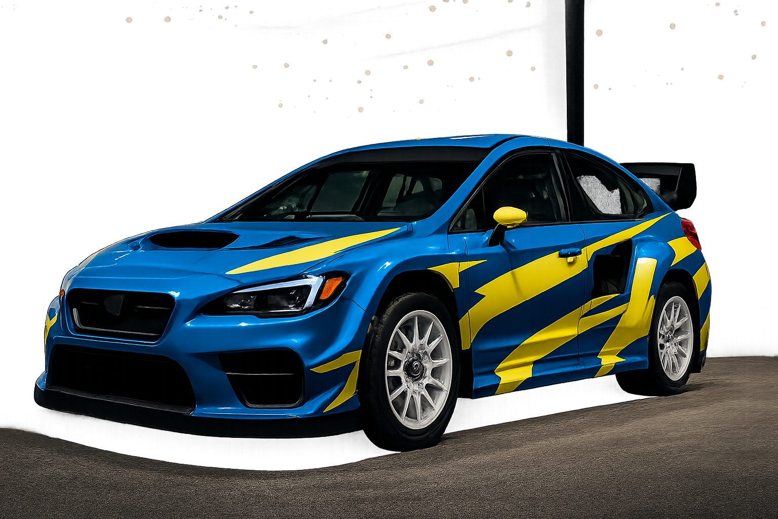Blue sports car with bold yellow stripes, large rear wing, white wheels and dark-tinted windows under soft indoor lighting