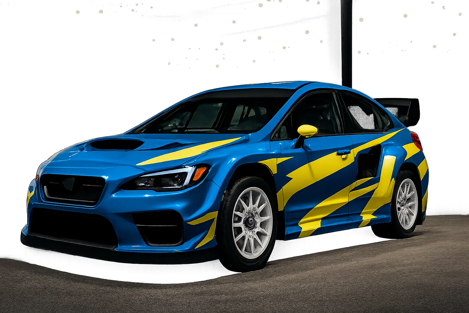 Blue sports car with bold yellow stripes, large rear wing, white wheels and dark-tinted windows under soft indoor lighting