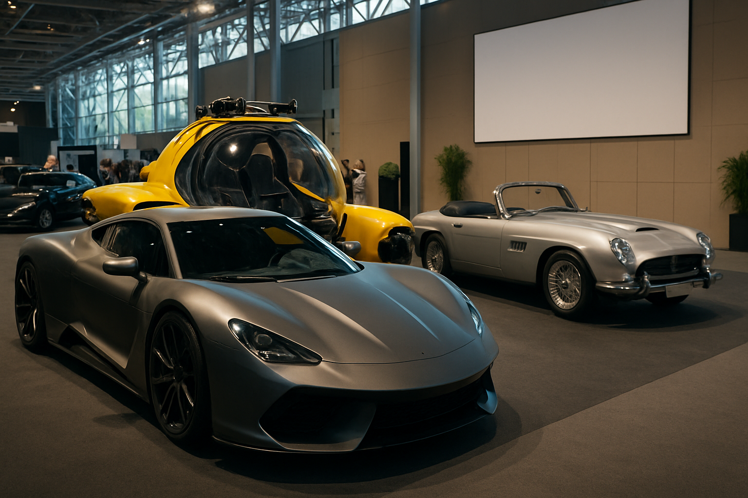 Matte grey sports car, bright yellow submersible, and silver convertible on display in a spacious, sunlit showroom