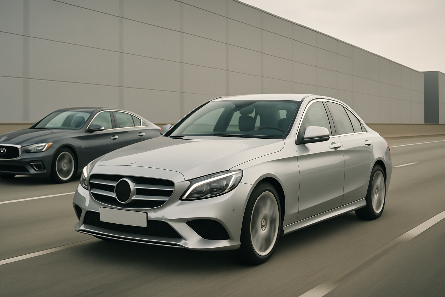Two sleek, modern sedans in silver and dark gray driving side by side on a wide, empty roadway against a pale sky