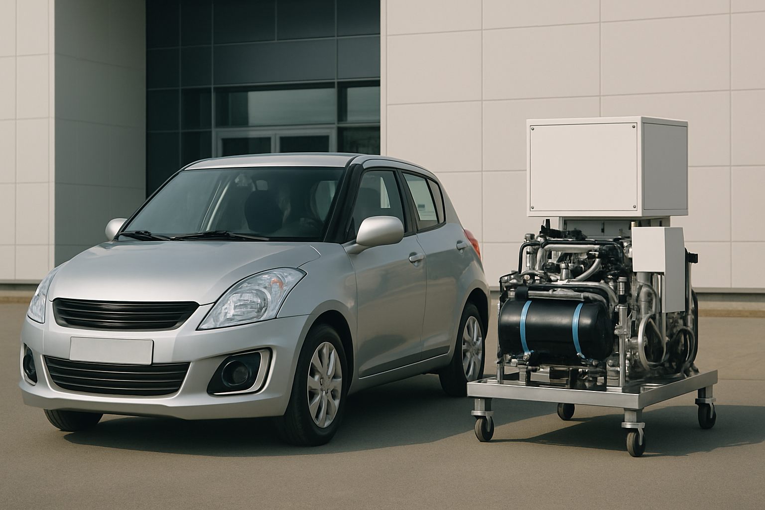 Silver hatchback car parked beside a large, boxy machine with exposed metallic cylinders on a wheeled frame, outside a modern building