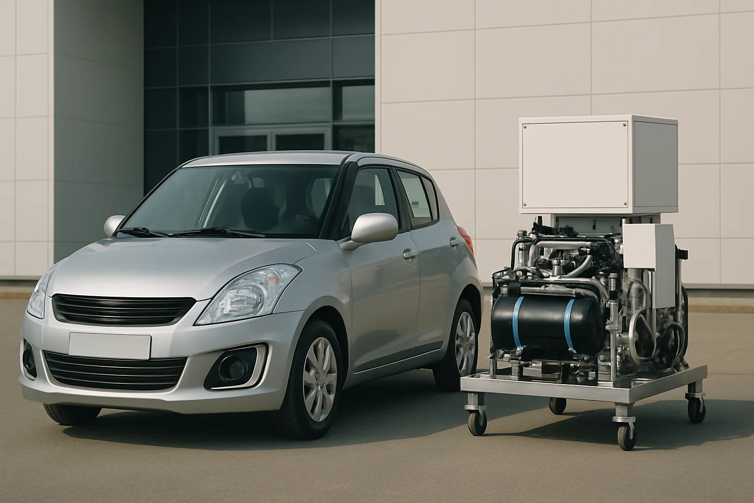 Silver hatchback car parked beside a large, boxy machine with exposed metallic cylinders on a wheeled frame, outside a modern building