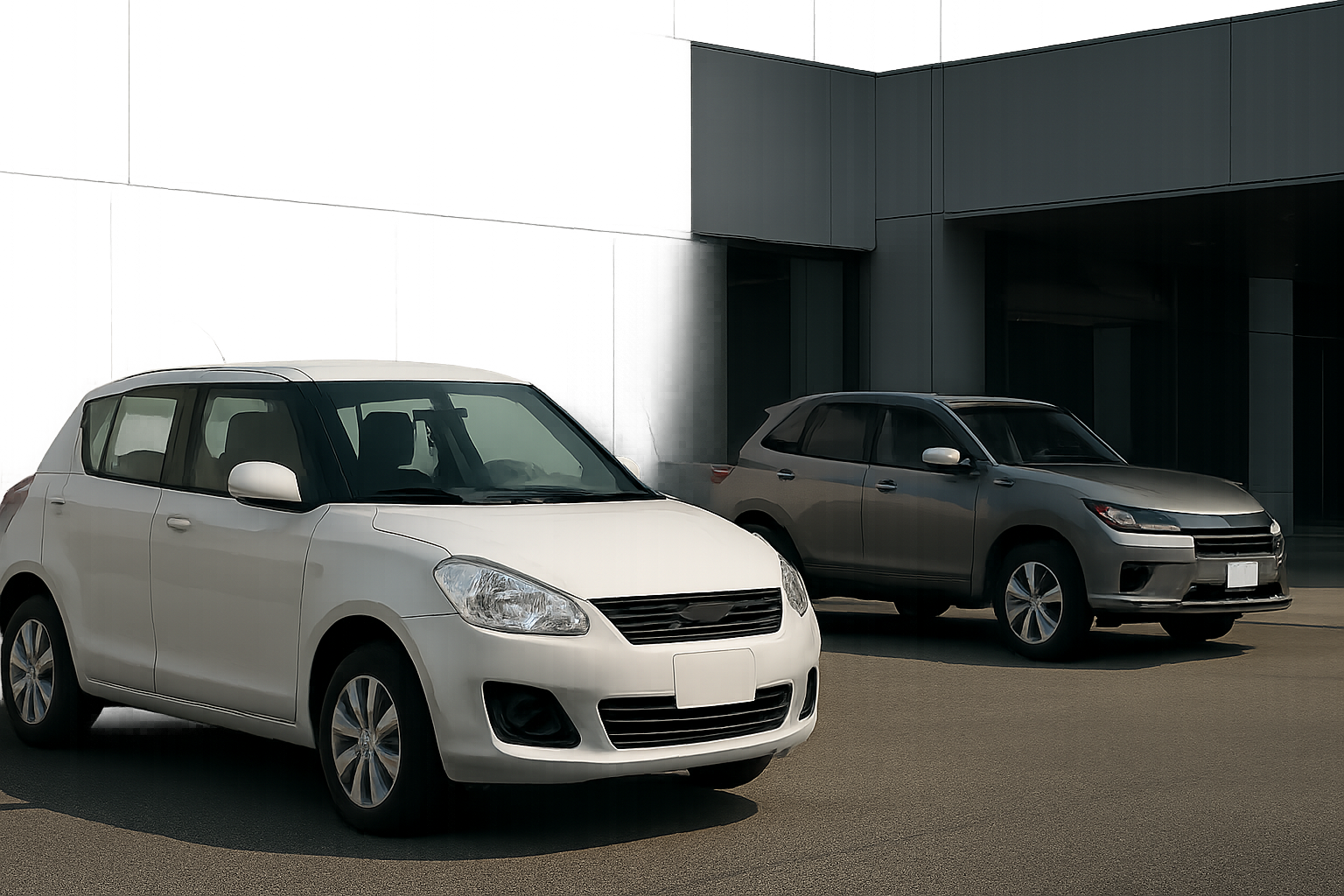 Two compact hatchback vehicles, one white and one metallic grey, parked on an empty sunlit concrete forecourt