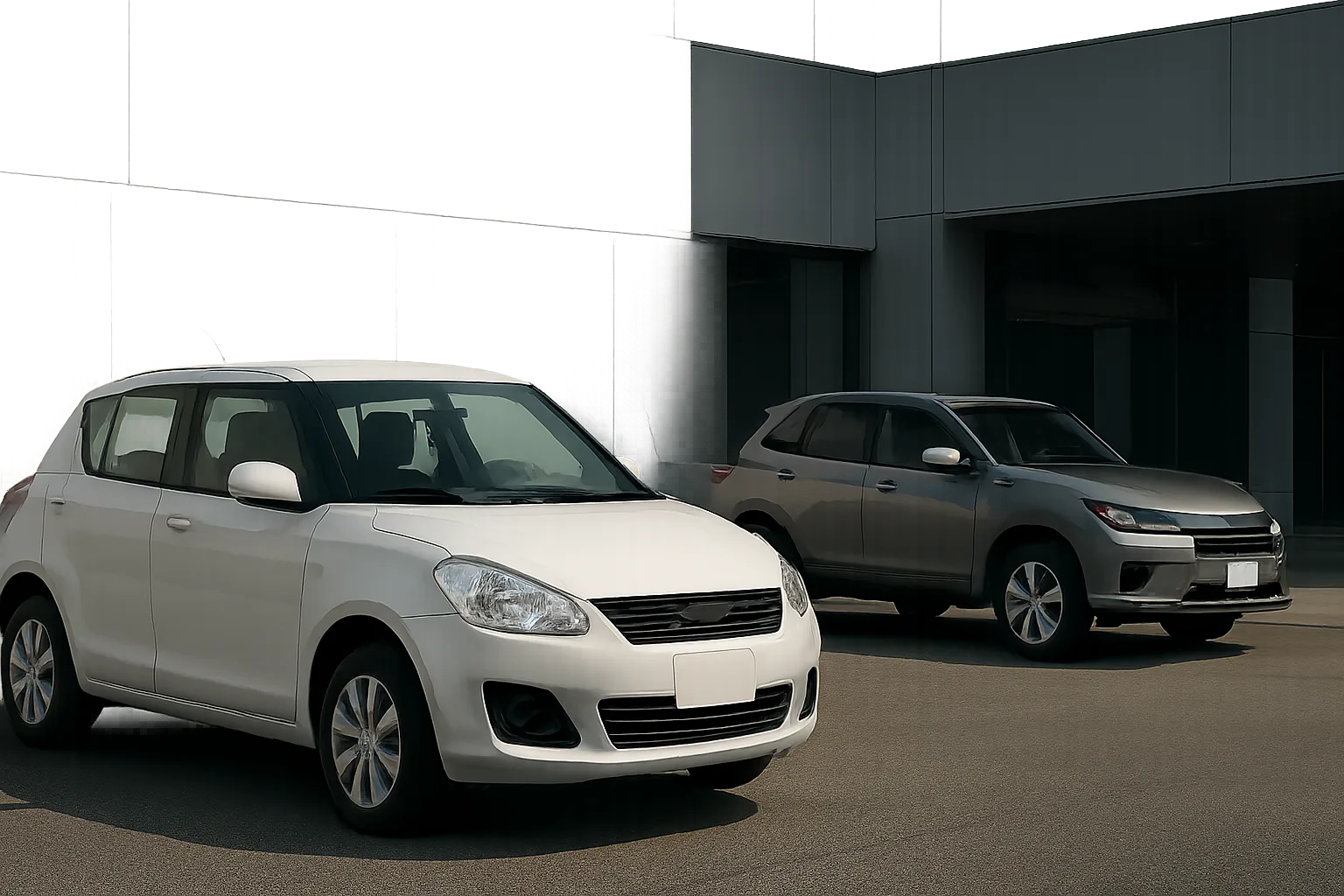 Two compact hatchback vehicles, one white and one metallic grey, parked on an empty sunlit concrete forecourt