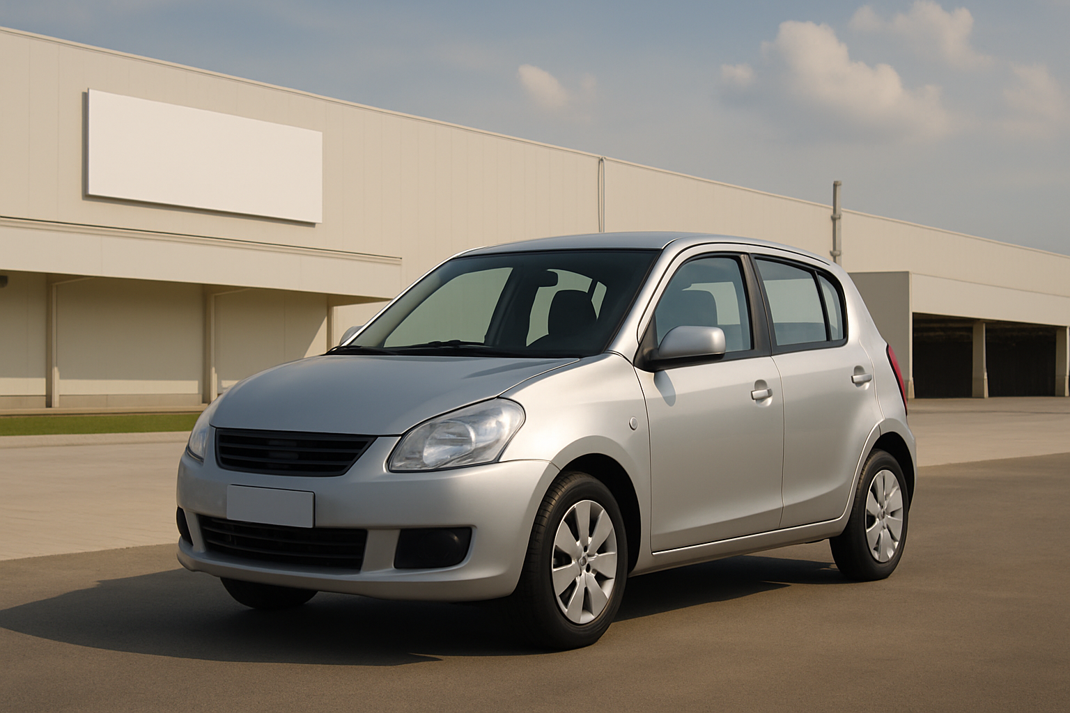A small silver hatchback stands parked on an empty concrete lot in front of a modern light industrial building