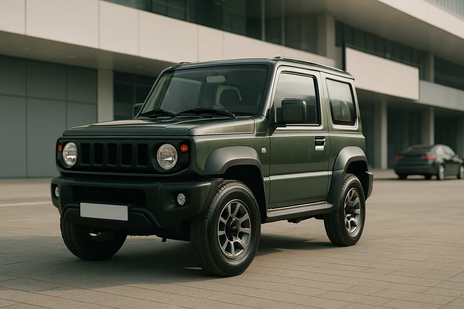 Boxy compact SUV in matte green parked on wide pavement near a modern glass-fronted building in soft daylight