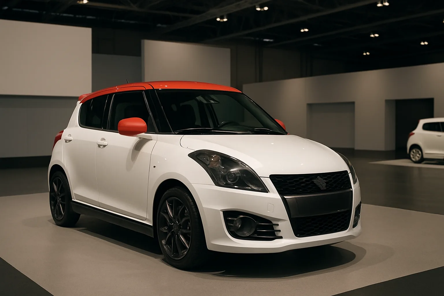 Compact hatchback with a white body, red roof, and black wheels displayed under bright indoor exhibition lighting