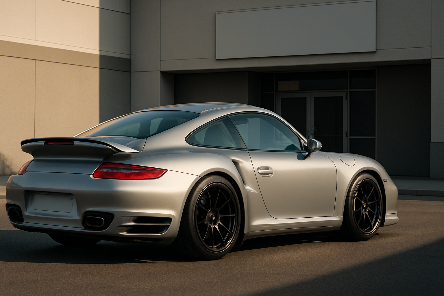 Sporty silver coupe with black wheels and rear spoiler parked in sunlight beside a modern building with large windows