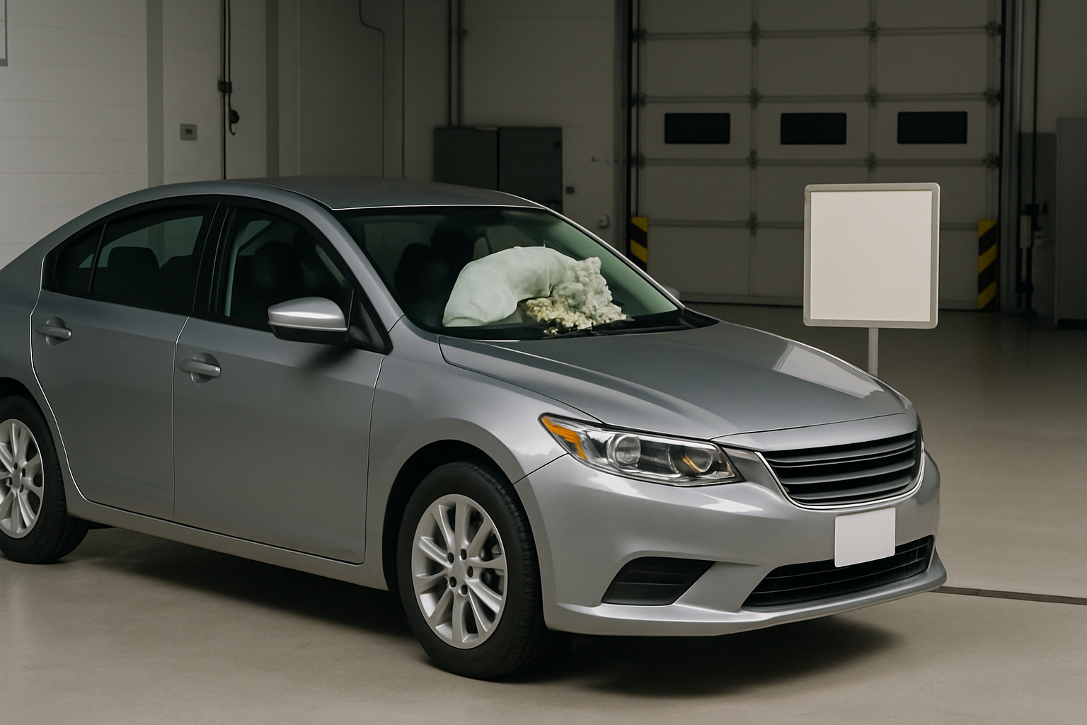 A silver sedan parked indoors with a deployed white airbag and fragments visible through the windshield