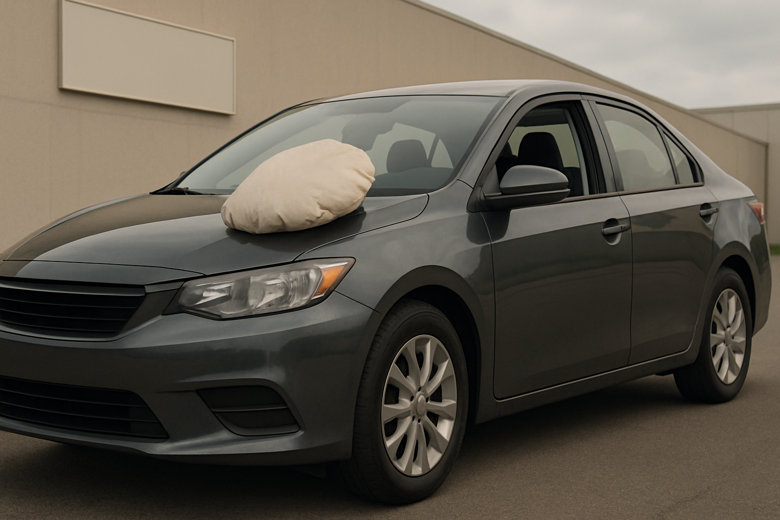A gray sedan parked on asphalt with a pale, inflated airbag draped over the closed driver’s window on a cloudy day