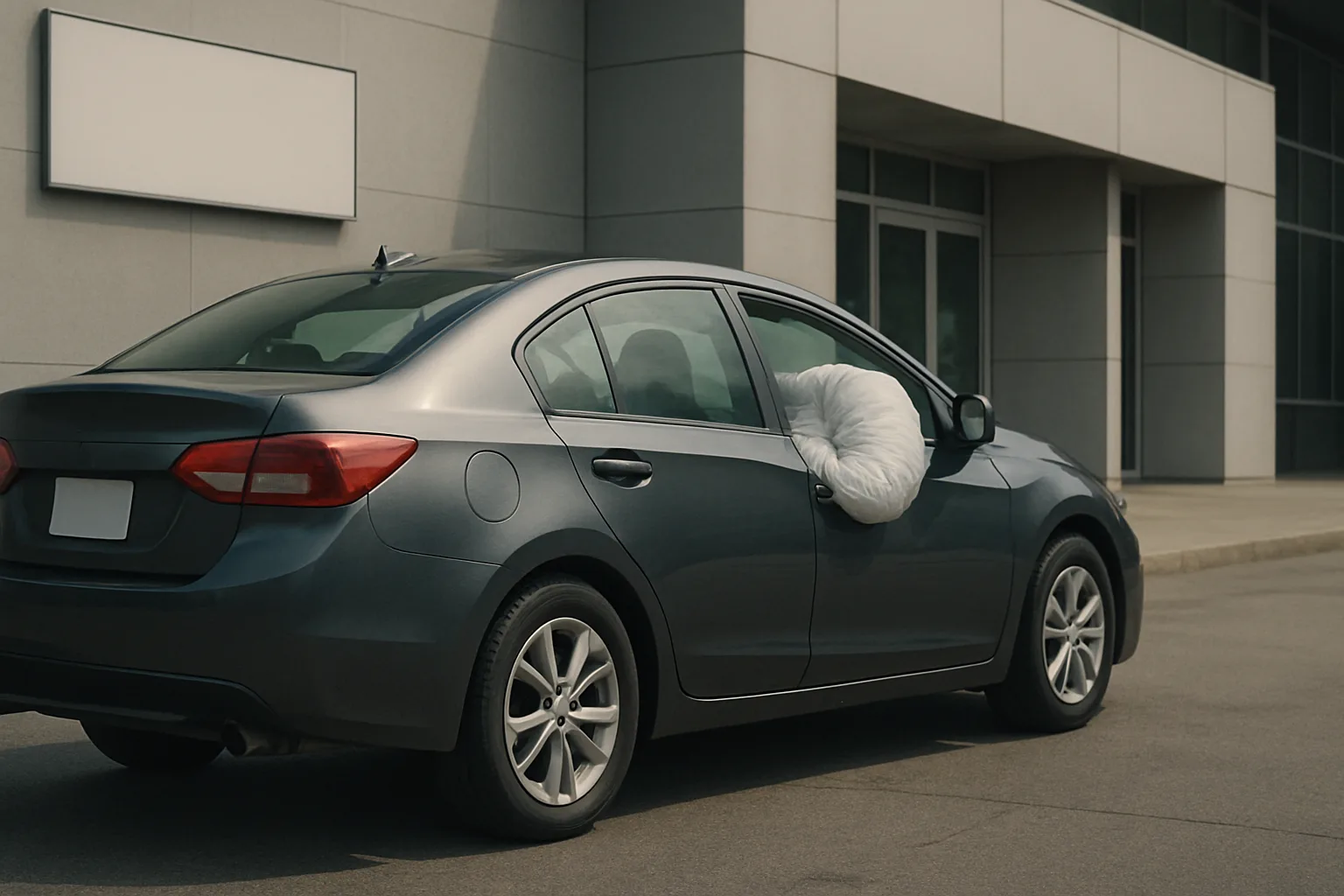 A silver sedan parked outside a modern building with a deployed white airbag hanging out of the driver's side window