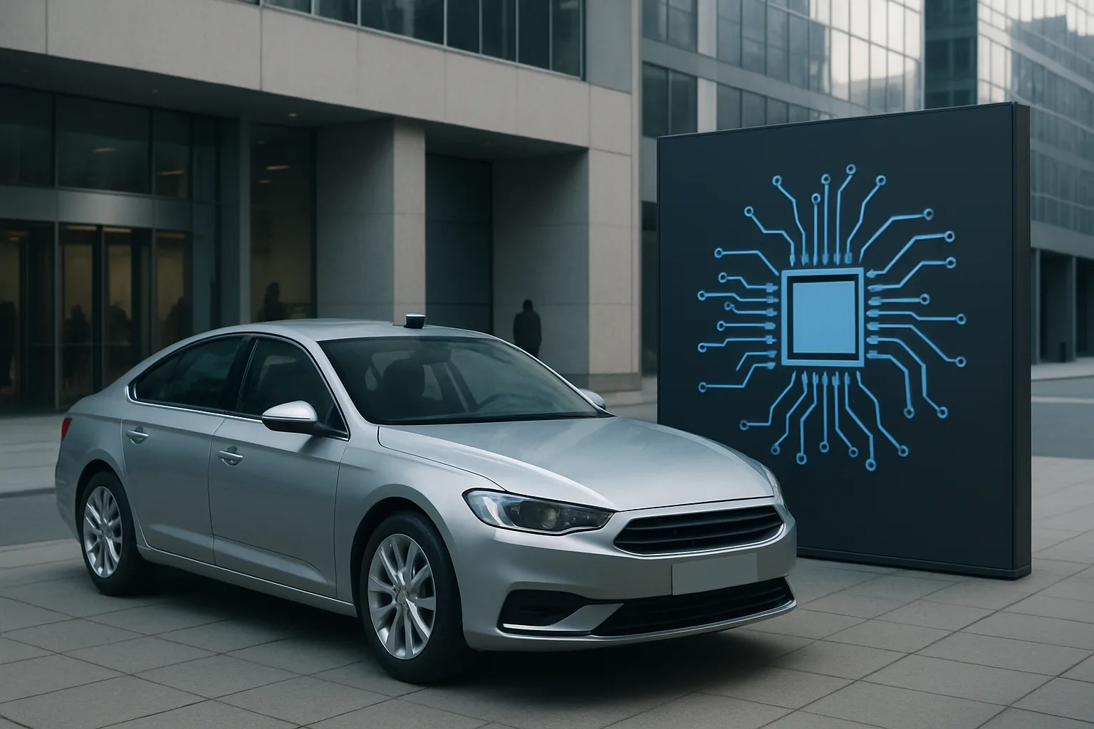 Silver car parked on a city street beside a large dark display featuring a bright blue microchip graphic on a circuit board